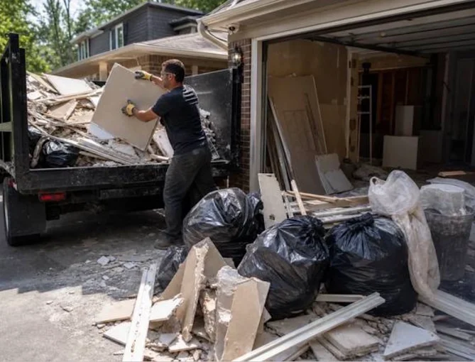 Worker loading renovation drywall and debris into a dump truck